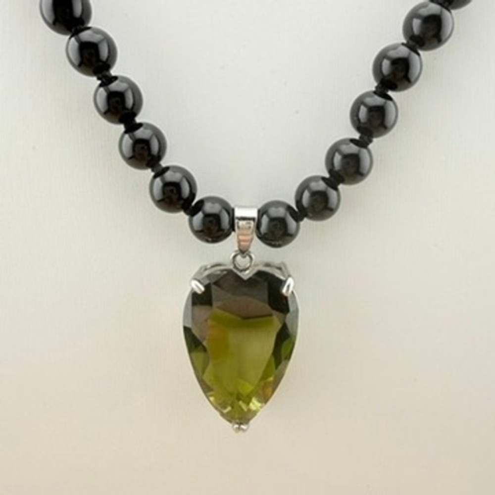 Black Bead Necklace Green Heart Pendant Cocktail Statement